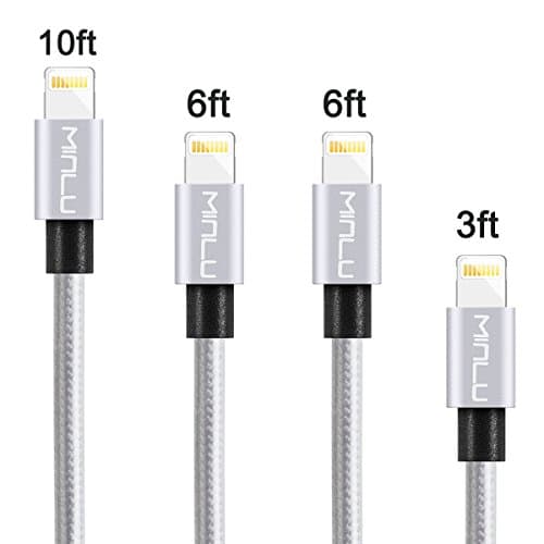 iPhone Cable MINLU,4Pack 3FT 6FT 6FT 10FT Nylon Braided Cord Lightning Cable Certified to USB Charging Charger for iPhone 7,7Plus,6s,6Plus,6,6Plus,SE,5s,5,iPad,iPod Nano 7 (Gray)