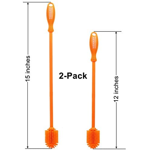 Silicone Bottle Brush with Long Handle - Silicone Kitchen Cleaner which are Certified by FDA & Baby Food - Water Bottle Brush Works Well for Water Bottles,Baby Bottles,Long Necked Bottles(Orange)