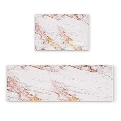 2 Piece Non-Slip Kitchen Mat Runner Rug Set Doormat Rose Gold Glitter Marble Door Mats Rubber Backing Carpet Indoor Floor Mat(15.7"x23.6"+15.7"x47.2")