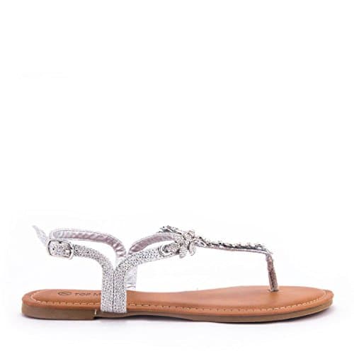 Women's T-Strap Gem Stone Leaf Accent Thong Sandal with Adjustable Buckle (Silver, 10 B(M) US)