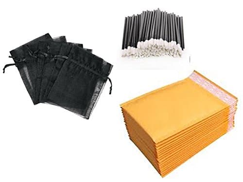 Cosmetic Distributor Starter Kit with (100) Disposable Lip Gloss Applicator, (100) 4x6 Organza Bags, and (30) 4x8 Padded Mailing Envelopes (Black)