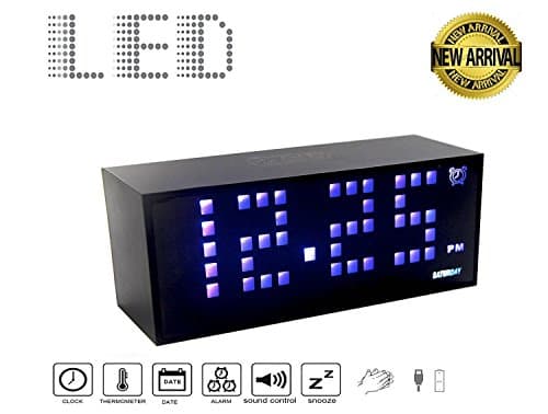 Small Digital LED Alarm Clock Large 1.5" Digits. 2-Display Mode Time 12/24 Day/Date Temperature(°C/°F) Sound-Activate &amp; USB Output Charger Port for iPhone. Power by 4xAA Battery/USB 5V DC (LED Blue)