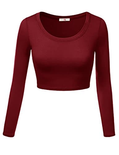 Womens Crop Top Round Neck Basic Long Sleeve Crop Top - Made In USA Burgundy Small