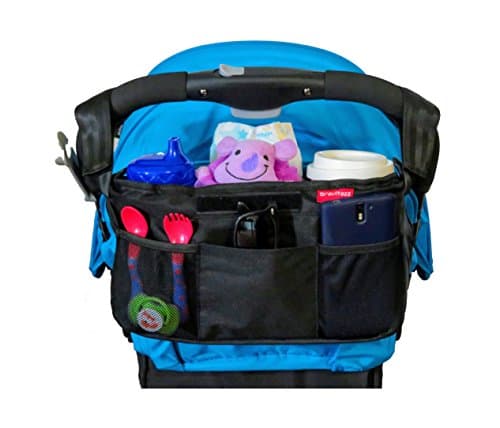 Attachable stroller organizer accessory for baby stroller cup holders storage space for phones keys purses diapers sippy cups universal fit ideal baby shower gift with shoulder strap