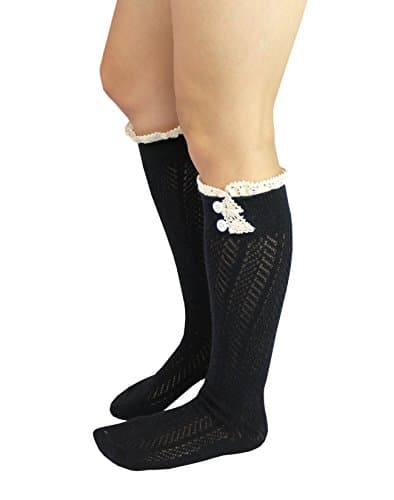 Knit Button Boot Socks with Lace Trim Knee High Socks by CL Couture (Black)