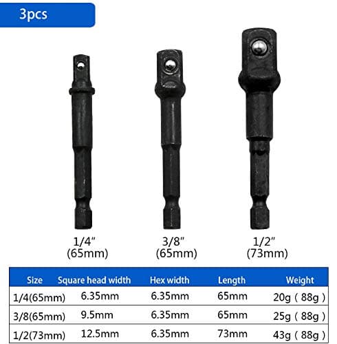 3Pcs/Set 1/4" 3/8" 1/2" Hex Power Drill Socket Wrench Adapter Extension Drill Bits Bar Hex Bit Set For Electric Power Tools 3pcs 65-73mm
