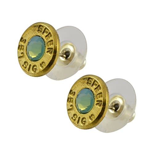 Little Black Gun 357 Sig Bullet Shell Stud Earrings, Thin Brass and Pacific Opaque Crystal