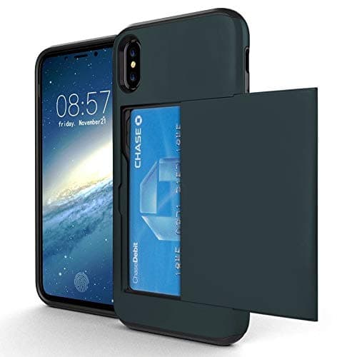 OMD iPhone X Case, iPhone Xs Case, [Double Card Holder Slot] ShockProof Wallet Protective Phone Cover with Tough Heavy Duty Silicone Card Case for iPhone X [2017] / iPhone Xs [2018] - Slate