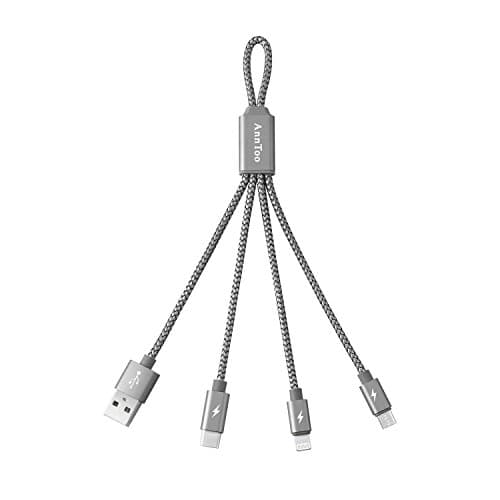 AnnToo Multi USB Charger Multi USB Cable 0.6 FT 3 in 1 Nylon Braided Multiple USB Charging Cables for iPhone iPad Android etc Smartphones with Type C Connector - Gray [Only Charging]