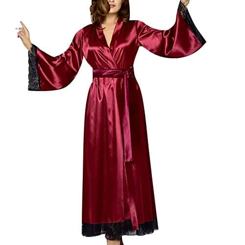YCQUE Women's Simple Versatile Solid Color Silk Satin Robes Long-Sleeved Underwear Pajamas Set