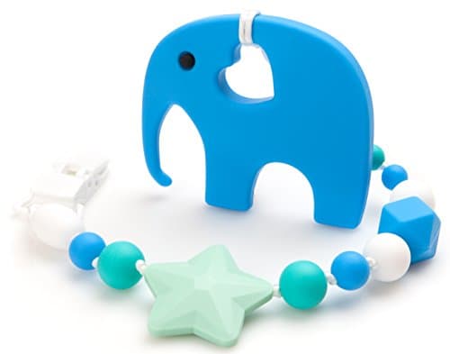 Teething Toy and Universal Pacifier Clip for Boys - Elephant Teether and Binky Holder Set - Best as Baby Shower Gift - Food Grade BPA Free Silicone - Blue - Baby Elefun