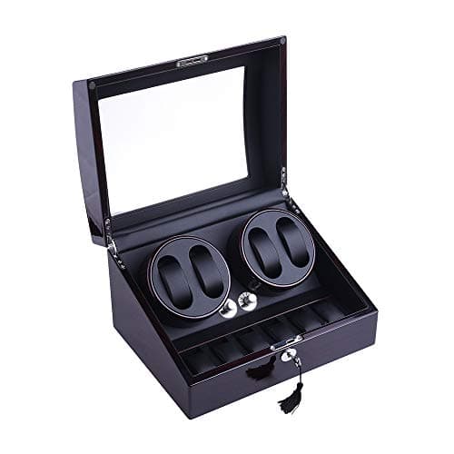 Topiaukstore Luxury Automatic Watch Winder Display Box Case 4+6 Leather Storage 4 Mode Timer Function [Wood Shell + Leather Pillow + Piano Paint + Tempered Glass] Safelty Lock & Key