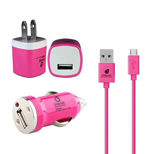 3 in 1 Wall and Car Micro USB 2.1A Samsung iPlanet Travel Charger set with High Speed USB Wall AC and DC Car Power Adapter plugs with Sync Data Charging Cable for Samsung and V8 Port devices (Pink)