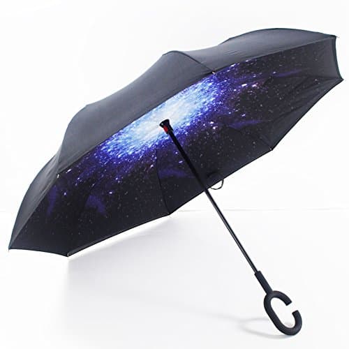 Double Layer Wind Proof,UV Proof Reverse Folding Inverted Car Ran Outdoor use Travel Umbrella with C Shape Handle and Carrying Bag (Galaxy)
