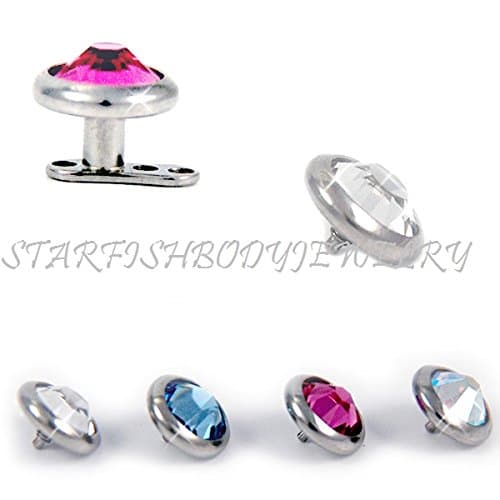 Surgical Steel Gem Set Flat Bottom Dome for Internally Threaded Dermal Anchors 14g Dermal Top Body (10.Pink - 6mm)