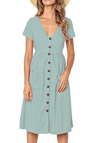 Boosouly Women's Summer Short Sleeve V Neck Button Down Casual Midi Dress with Pockets