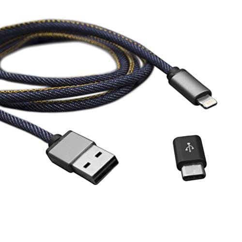 Stylish Denim Apple AND Android Compatible Charging Cable - Single Unit Charges BOTH Micro USB AND Lighting Port AND USB Type C Adapter Included - Over 3 Ft in Length (Denim Styled PU Leather)