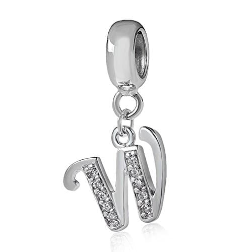 Alphabet Charm Letter Beads Solid 925 Sterling Silver with Cubic Stones, Complete A~Z Gift Options fit Pandora European Bracelets (W)