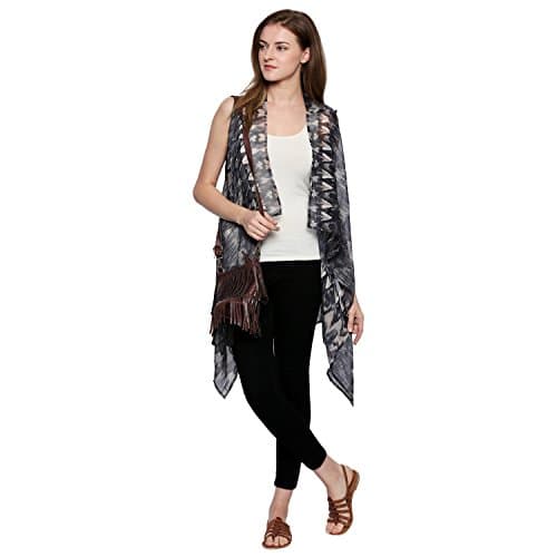 Ten on Ten Women's Polyester Long Waterfall Sleeveless Self Design Shrug