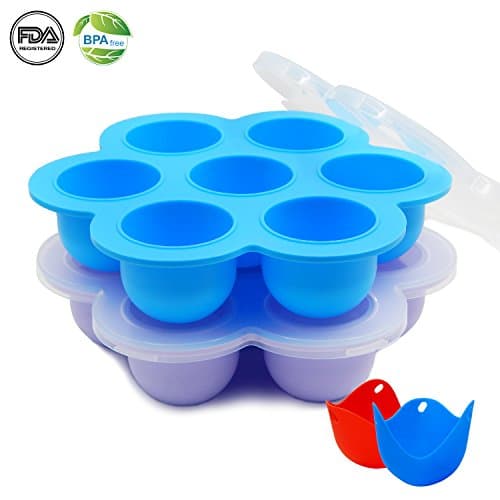 T TOSSOW 2 Pack Silicone Egg Bites Molds for Instant Pot,Silicone Freezer Trays with Lid - BPA Free &amp; FDA Approved - Bundle with 2 Bonus Egg Poacher,Reusable Food Storage Containers