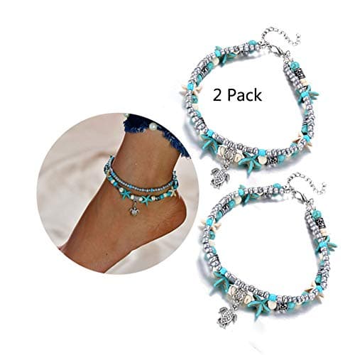 FiveLucky 2 Pack Vintage Shell Pearl Anklets Set Infinity Starfish Colors Bead Flower Beach Foot Chain
