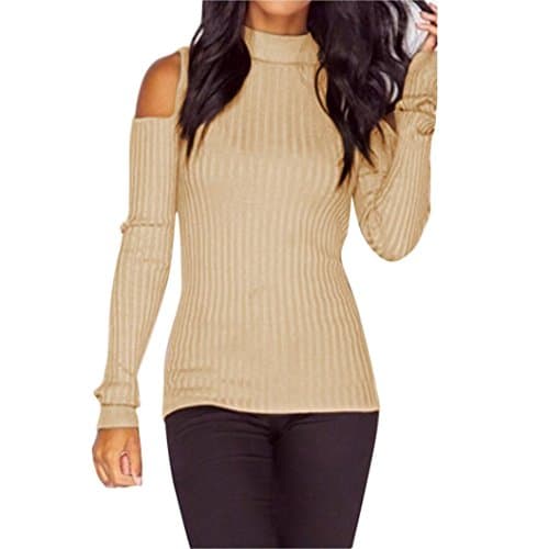Napoo Women Off Shoulder Turtleneck Knitted Pullover Sweater Slim Blouse