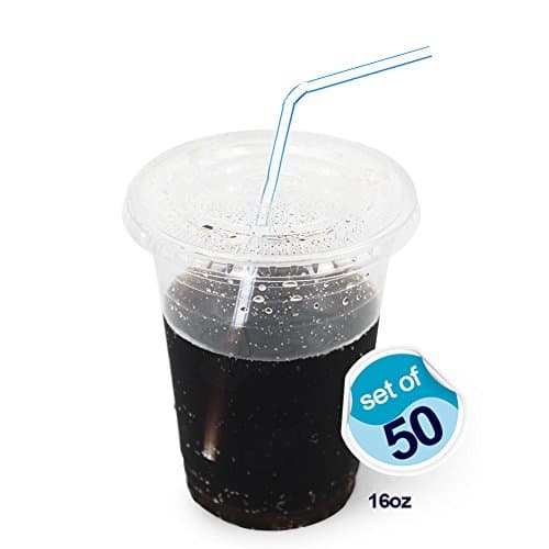Plastic Crystal Clear Cups with Flat Lids - 50 Sets/16oz, Disposable Cups for Iced Coffee, Juice, Shakes, Beer, etc.
