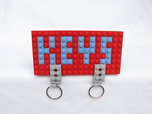 Wall Hanging Key Organizer with Quick Release Valet Key Chain, Built With LEGO Bricks (Red with Light Blue Text)