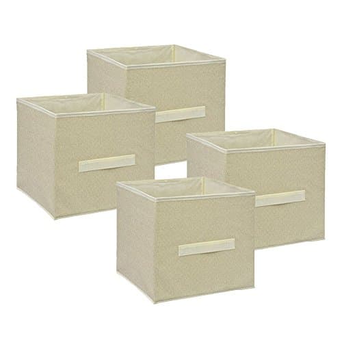 Small Collapsible Storage Cube - 4 Pack Set Collapsible Storage Trunks &amp; Containers - Fabric Pull Handle Baskets For Organizing Books, Toys, Clothing - Bright Fashionable Colors (Tan (slim))