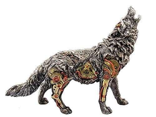 Steampunk Silver Mechanical Wolf Howling Figurine Statue 10 1/2 H