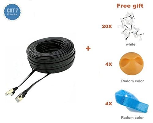 Biaze - Premium Flat CAT7 Ethernet Patch Network Cable Double Shielded RJ45, 10 Gigabit 600MHz for Switch / Router / Modem / Patch Panel - Gold Plated &amp; Shielded RJ45 Connectors, 25 Feet Black