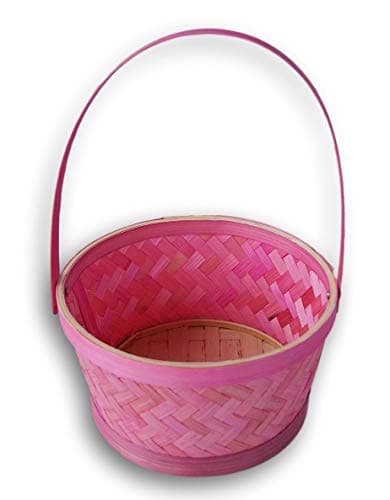 Woven Easter Basket with Mobile Handle - 8.5 Inch Diameter (Pink)