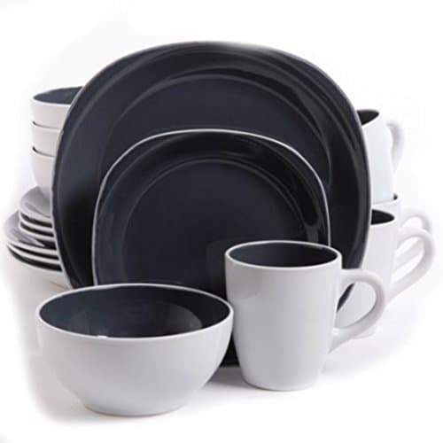 Durable Grey Carved Squares Stoneware Dinnerware Set, 16Pcs