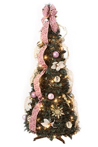 HOLIDAY PEAK 4’ Victorian Style Pull-Up Christmas Tree, Gold and Blush Pink, Pre-Lit and Fully Decorated, Collapses for Easy Storage