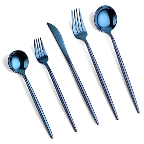 Silverware blue Flatware Sets,Polished Olive Handle Cutlery Tableware Include Spoon Fork Knife Titanium Plats Utensils Service for 4,Dishwasher Safe (BLUE)