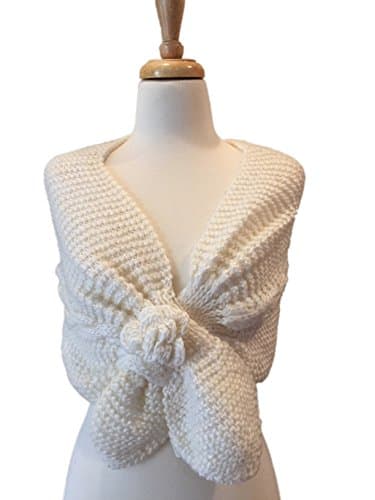 Over the Shoulder Knitted Shawl Wrap with Bow Front (White)