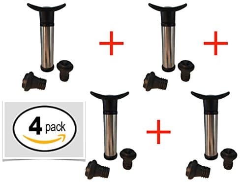 4 PACK BUNDLE - Premium professional stainless wine vacuum pump saver set with stoppers included preserves taste of opened bottles perfect gift for connoisseurs.