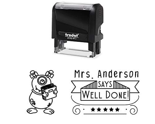 Personalized Classroom Teacher Rubber Stamp, Self-Inking Well Done Student Stamper with Monster with Book Image. Variety of Designs, 5 Ink Colors, 3 Lines, All Wording can be Changed!
