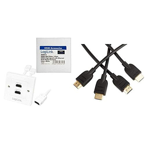 Logilink HDMI 2-Port Wall Socket Adapter - White & AmazonBasics High-Speed 4K, Ultra HD, HDMI 2.0 Cable - 0.9m / 3 Feet (2-Pack) (Latest Standard) Supports Ethernet, 3D, Audio Return