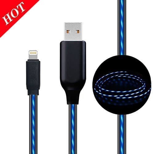 IPhone Cable, DENKU Visible Flowing LED Light Up EL Charging Cable Sync Charging Lightning Cable Cord for iPhoneX/8/7/7 Plus/6s/6s Plus/6/6 Plus/5s/5c/5/iPad/iPod(3Ft, Blue)
