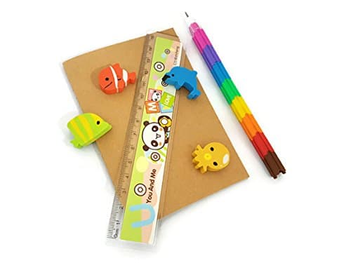 BUMOS Supply Stationary Set Includes Stackable Plastic Pencils Rainbow Color, Eraser, Ruler and Notebook (SE-A3)
