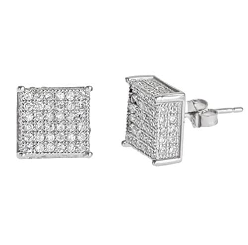 SQUARE SHAPE 925 SILVER 14K WHITE PLATED 3D WHITE C.Z STONES ON ALL SIDES STUD EARRINGS MEN 10MM