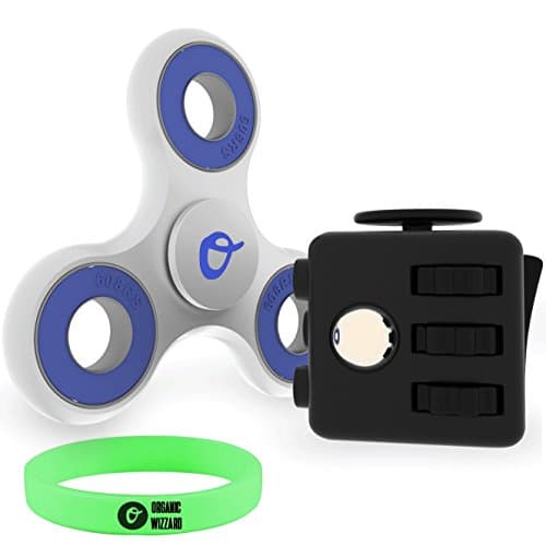 Organic Wizzard Fidget Cube and Spinner Bundle - Tri-Spinner Fidget Toy for Anxiety - Premium Quality EDC Focus Toy for Kids &amp; Adults - Best Stress Reducer, Giving Up Smoking Relaxation Toys (Black)