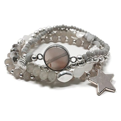 JADE POP - Women's Multicolored Beaded Stretch Stackable Chain Bracelet Set with Charm - Light Grey