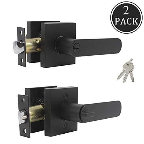 (2 Pack) Keyed Entry Door Locks Matte Black Keyed Alike Door Levers Interior Exterior Leverset with Lock and Key Modern Flat Door Handles with Square Rosette for Right/Left Handed Doors