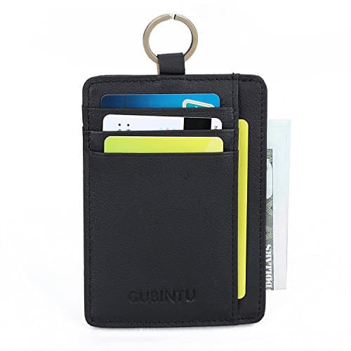 RFID Blocking Wallet for Men, Slim Front Pocket Wallet Genuine Leather Card Holder Minimalist Purse with Key Ring &amp; ID Window (Black)