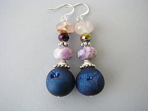 Purple Druzy Agate Stone Drop Statement Earrings Gemstone Large Beaded Dangle Crystal Beads