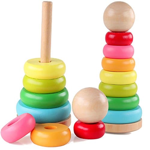 Jacootoys Rainbow Stacking Ring Sorting Wooden Blocks Educational Stacker Toys for Baby, Toddler