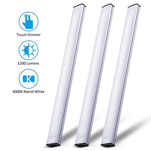 LED Under Cabinet Lighting Touch Control, Portable Dimmable Under Counter Light Strips for Kitchen Closet, Counter, Shelf, 3 pcs Light Bars Kit, 12W 1200 Lumen, Nature White 4000K