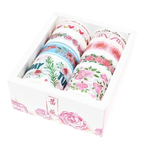 BITEYI Washi Tape Set 10 Rolls Masking Tape Multi-Pattern-Themes Sticky Paper Tapes for DIY Decorative Craft,Bullet Journal,Gift Wrapping,Scrapbook (Rose)